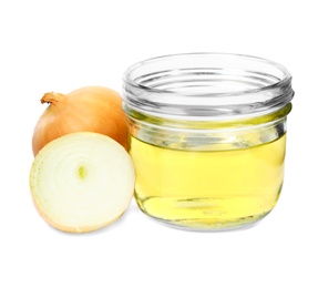 Photo of Glass jar of onion syrup and fresh ingredient on white background