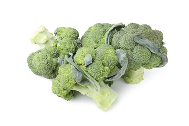 Photo of Pile of fresh raw green broccoli isolated on white