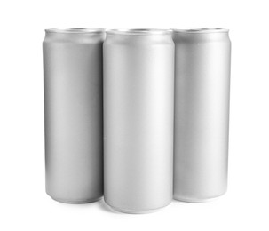 Photo of Energy drinks in aluminum cans on white background