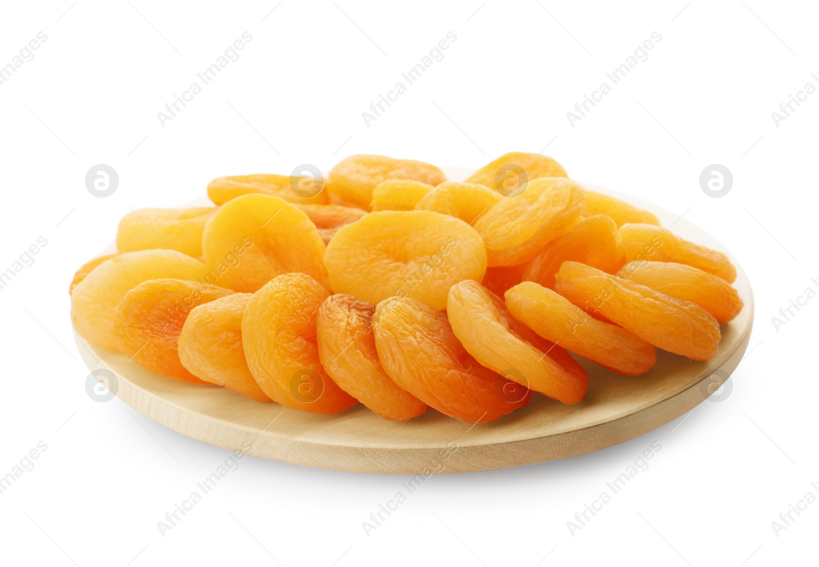 Photo of Wooden tray with tasty dried apricots isolated on white