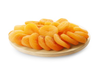 Photo of Wooden tray with tasty dried apricots isolated on white