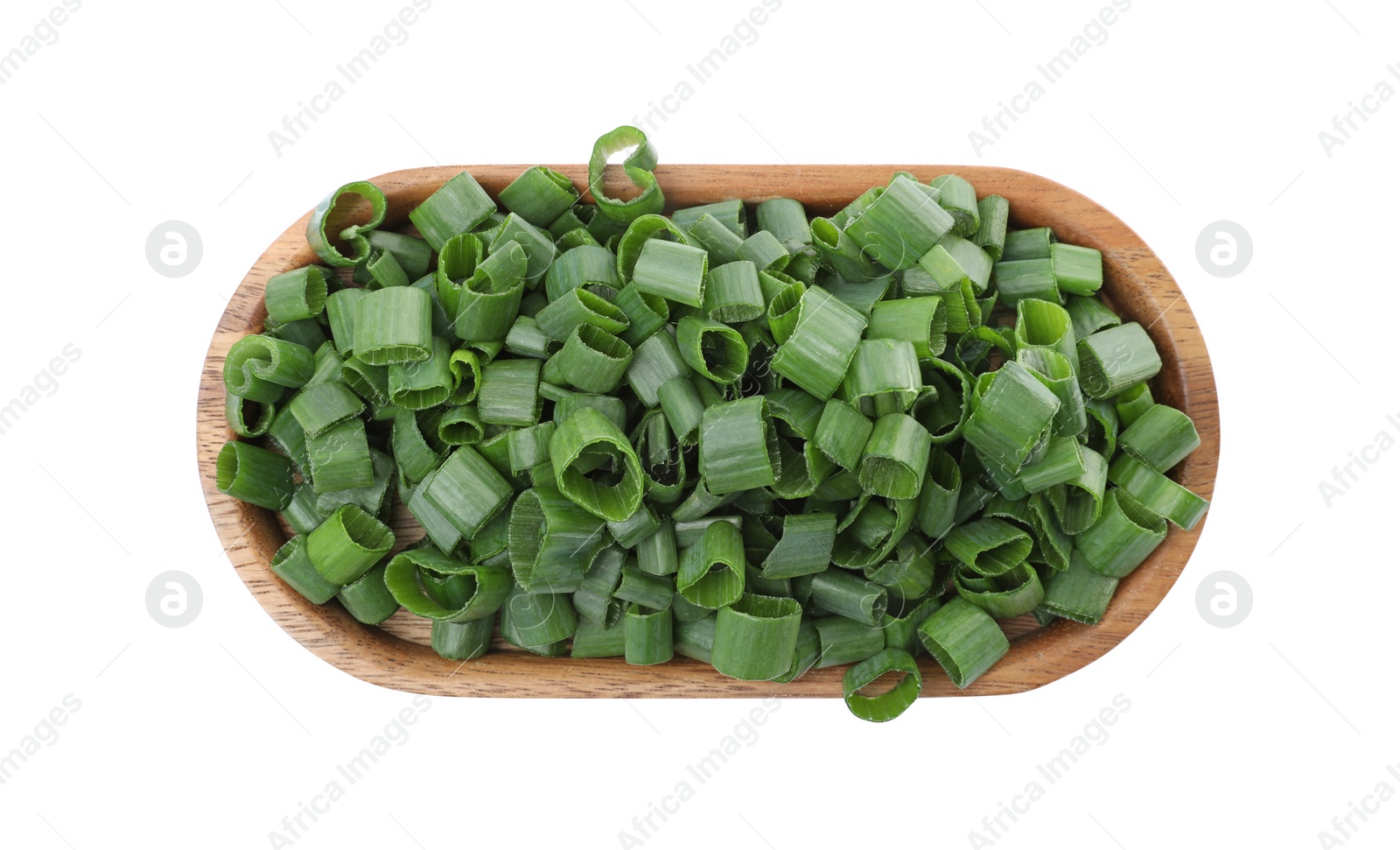 Photo of Chopped fresh green onion isolated on white, top view