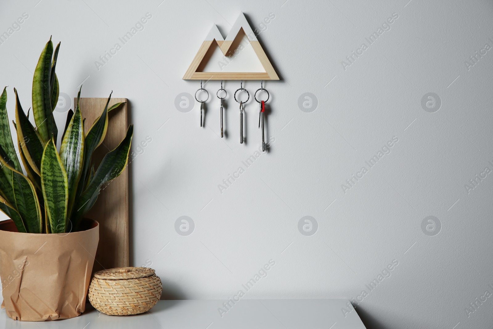 Photo of Wooden key holder on light wall indoors. Space for text