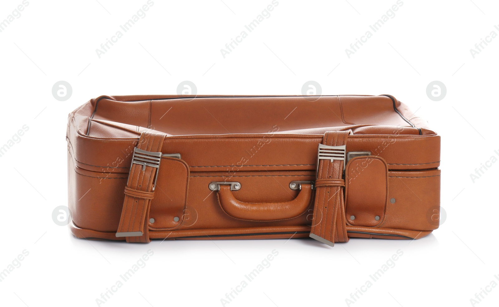 Photo of Classic brown suitcase on white background