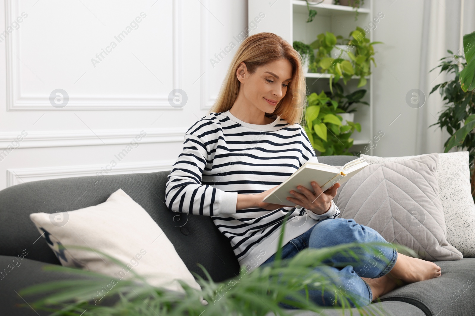 Photo of Woman reading book on sofa near beautiful potted houseplants at home