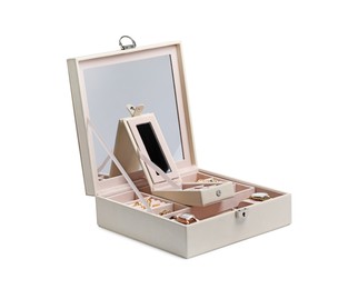 Jewelry box with mirror, wristwatches and different golden accessories isolated on white