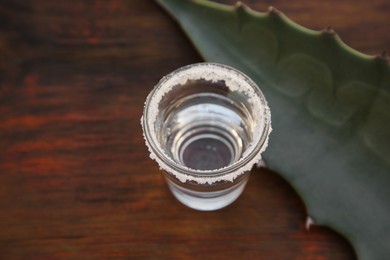 Mexican tequila shot with salt and green leaf on wooden table, above view. Drink made of agava