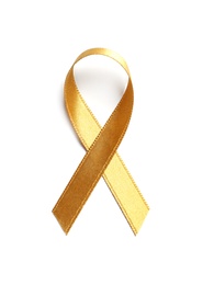 Gold ribbon on white background, top view. Cancer awareness