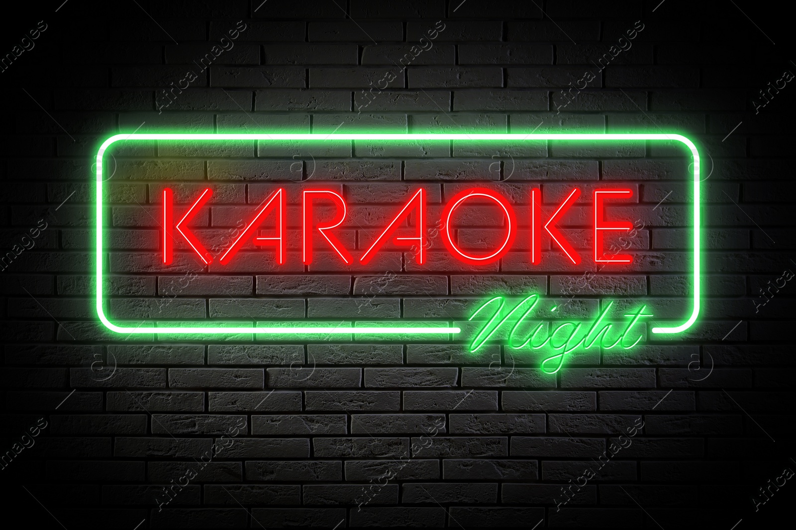 Illustration of Glowing neon sign with words Karaoke Night on brick wall