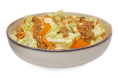 Photo of Delicious salad with Chinese cabbage and mustard seed dressing isolated on white