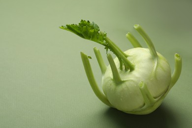 Photo of Whole ripe kohlrabi plant on green background. Space for text