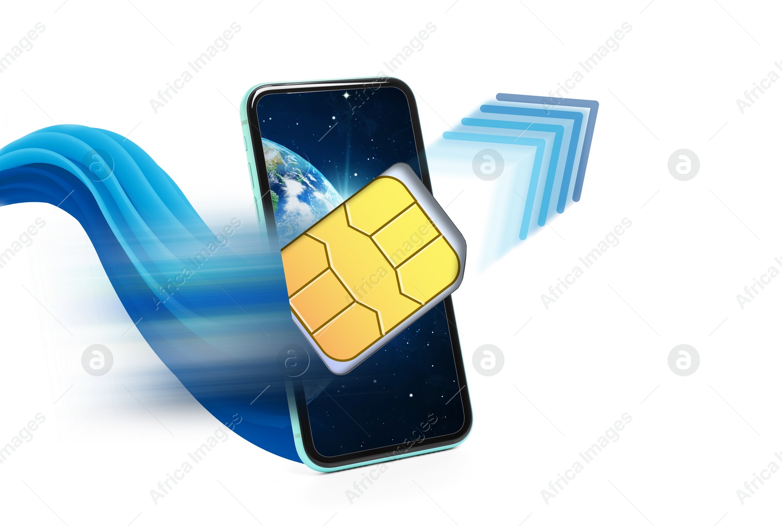 Image of Fast internet connection. SIM card flying out of smartphone on light blue background