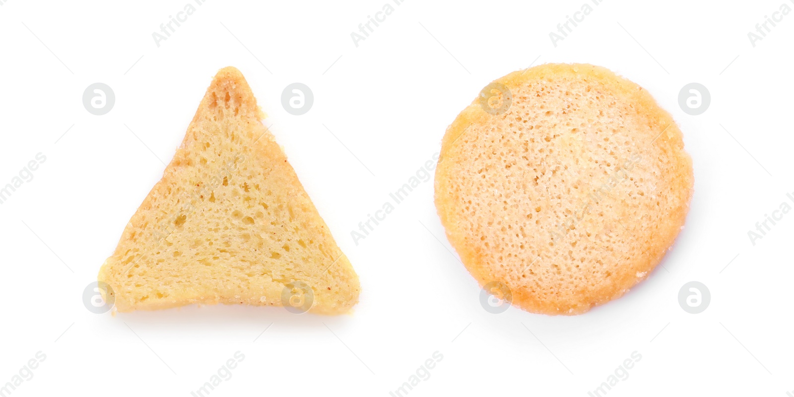 Image of Different delicious crispy rusks on white background, top view. Collage