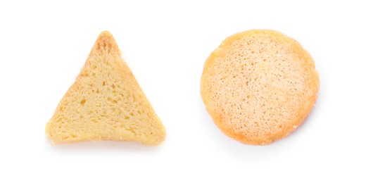 Different delicious crispy rusks on white background, top view. Collage