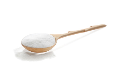 Photo of Wooden spoon of baking soda isolated on white