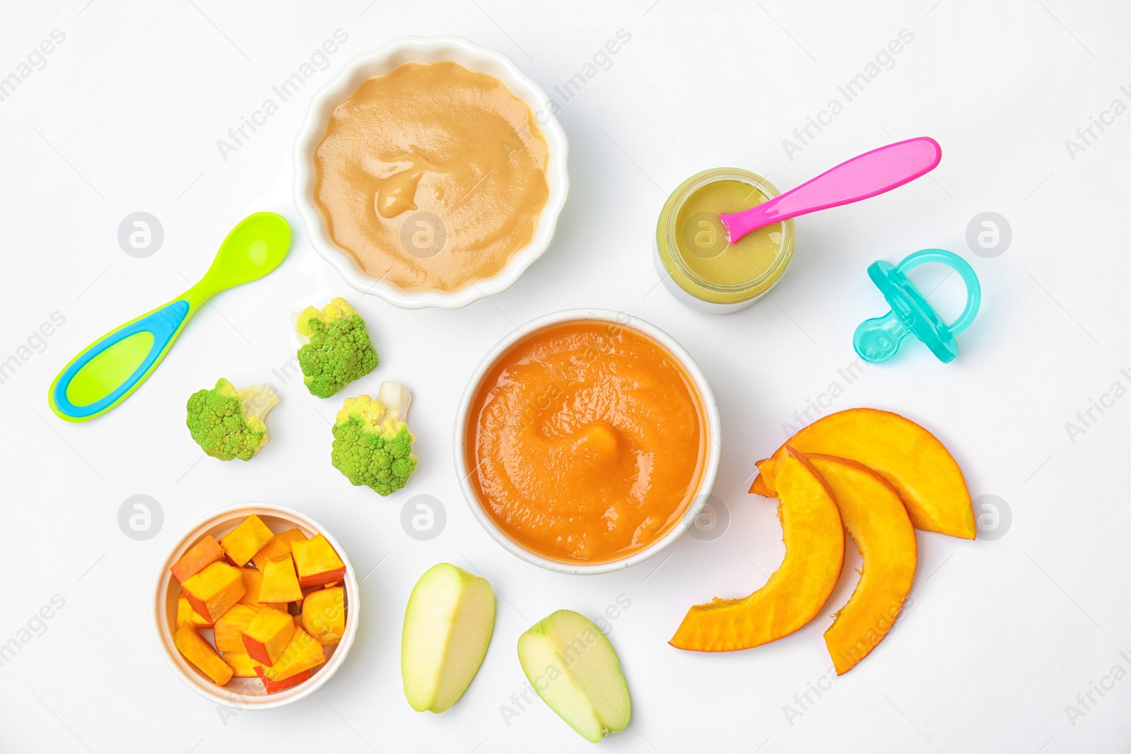 Photo of Flat lay composition with bowls of healthy baby food on white background