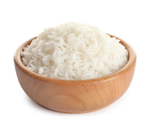 Bowl of tasty cooked rice on white background