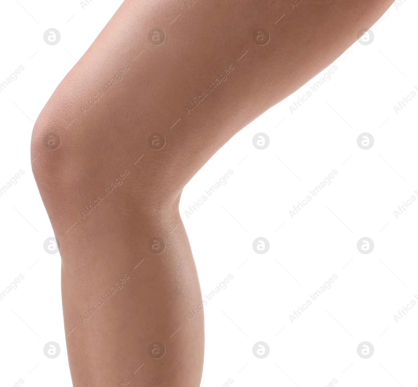 Photo of Woman with slim legs on white background, closeup