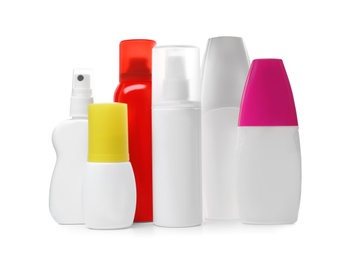 Photo of Set of different insect repellents on white background