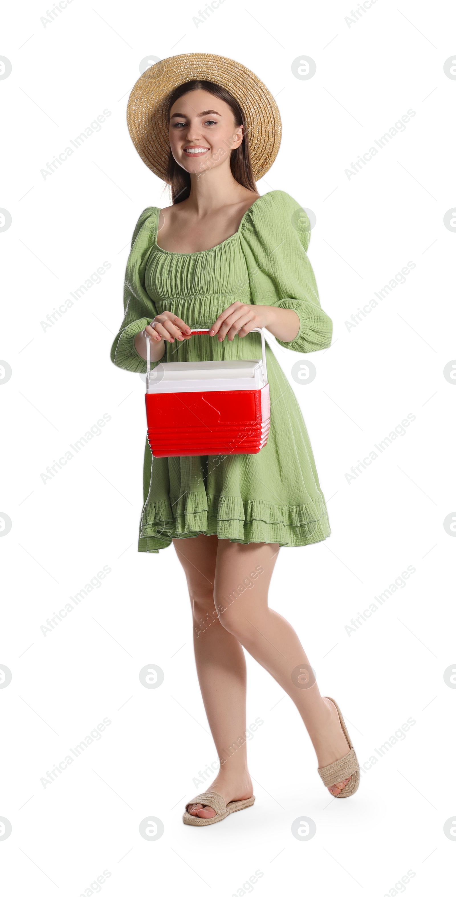 Photo of Happy young woman with plastic cool box isolated on white