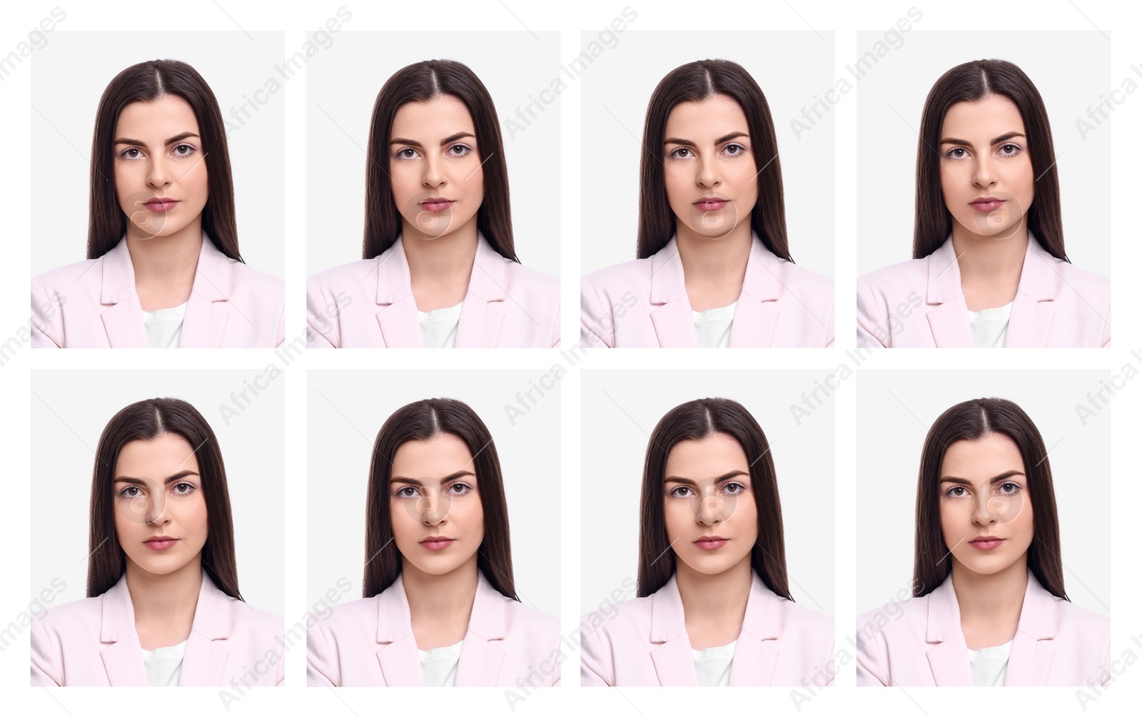 Image of Passport photo, collage. Woman on white background, set of photos