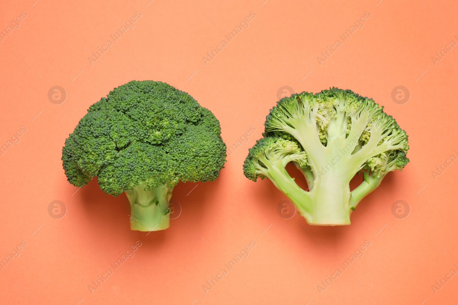 Photo of Fresh tasty broccoli on peach background, flat lay