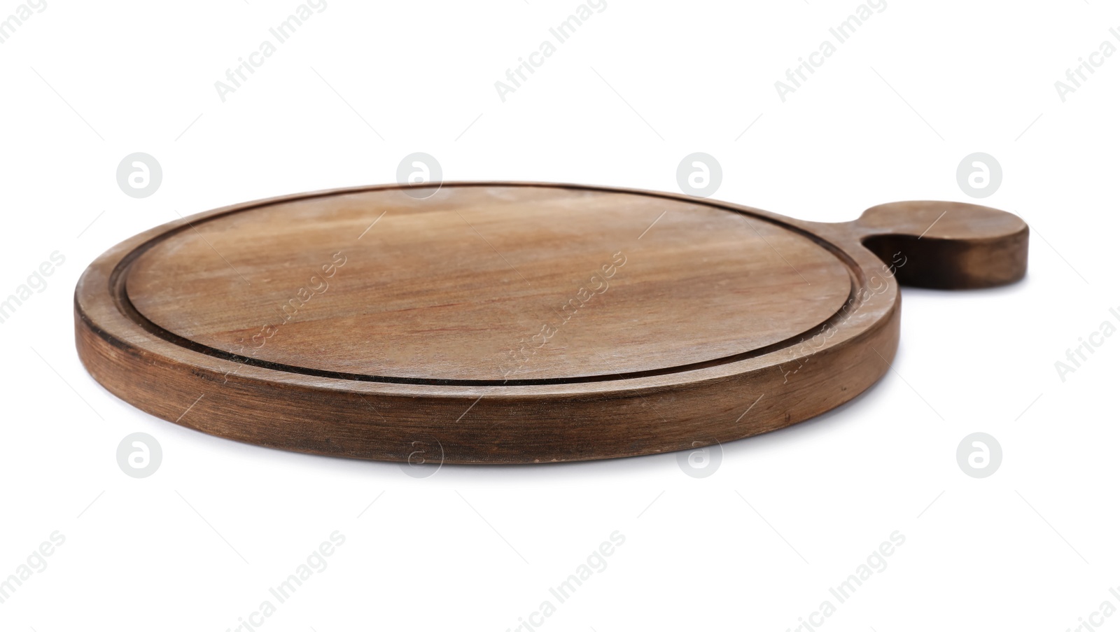 Photo of Wooden board on white background. Kitchen accessory