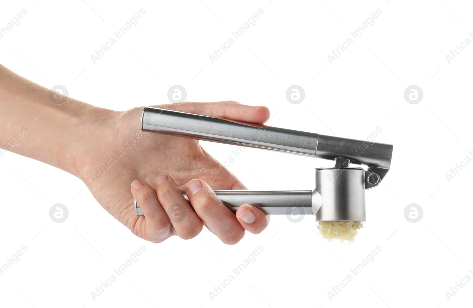 Photo of Woman crushing garlic with press on white background