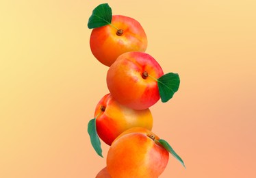 Stack of fresh ripe apricots on yellow coral gradient background