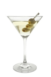 Glass of olive martini on white background