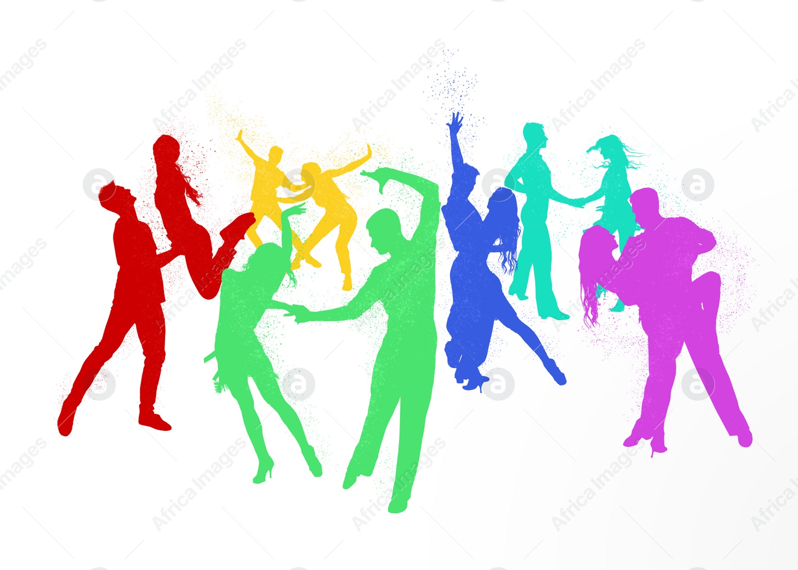 Illustration of Colorful silhouettes of people dancing on white background. Illustration