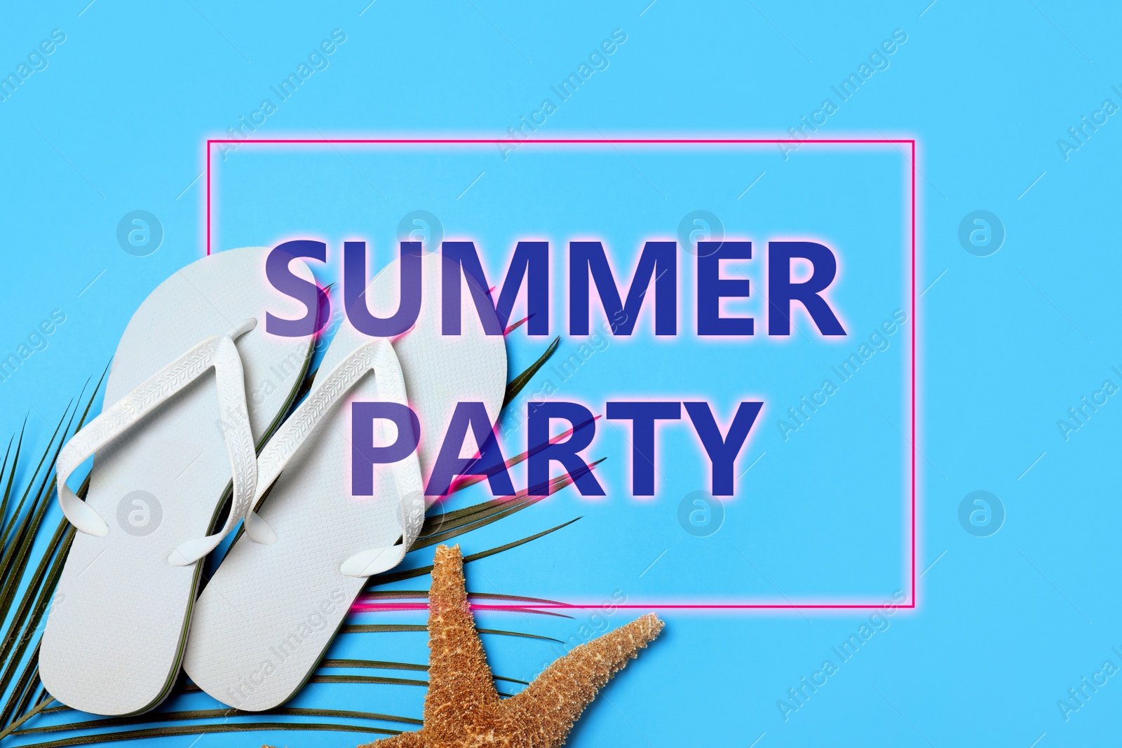 Image of Stylish flip flops and starfish on light blue background, flat lay. Summer Party