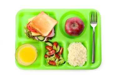 Photo of Green tray with tasty food and juice on white background, top view. School lunch