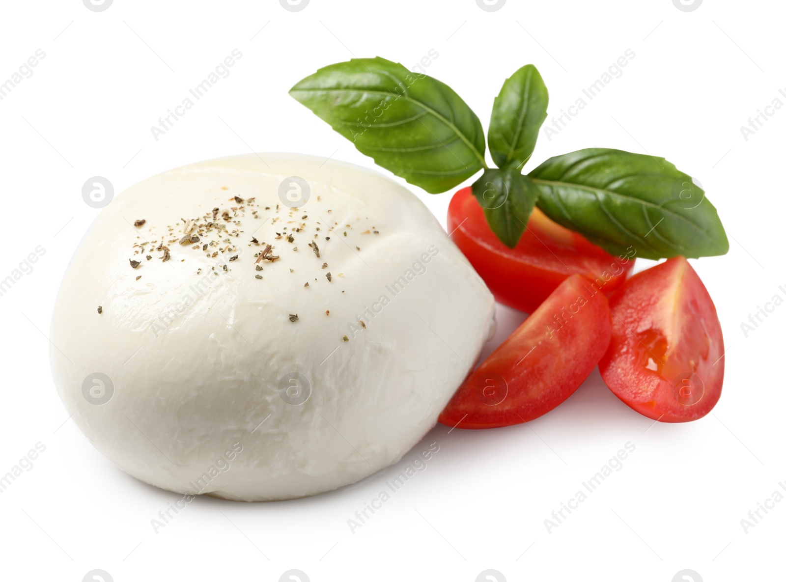 Photo of Delicious mozzarella with tomatoes and basil leaves on white background