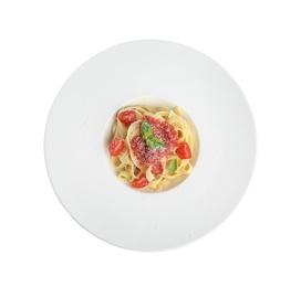 Tasty pasta with tomatoes, cheese and basil on white background. Top view