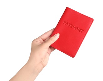 Photo of Woman holding passport in red leather case on white background, closeup