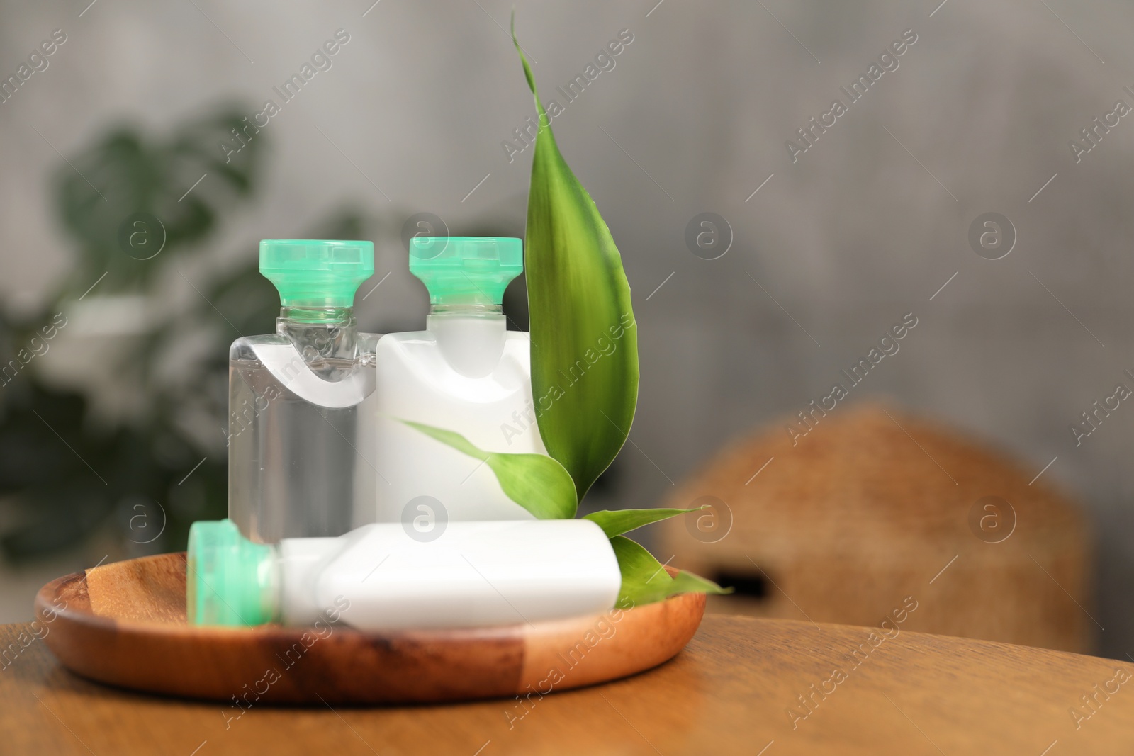 Photo of Mini bottles of cosmetic products and green branch on wooden table against blurred background. Space for text