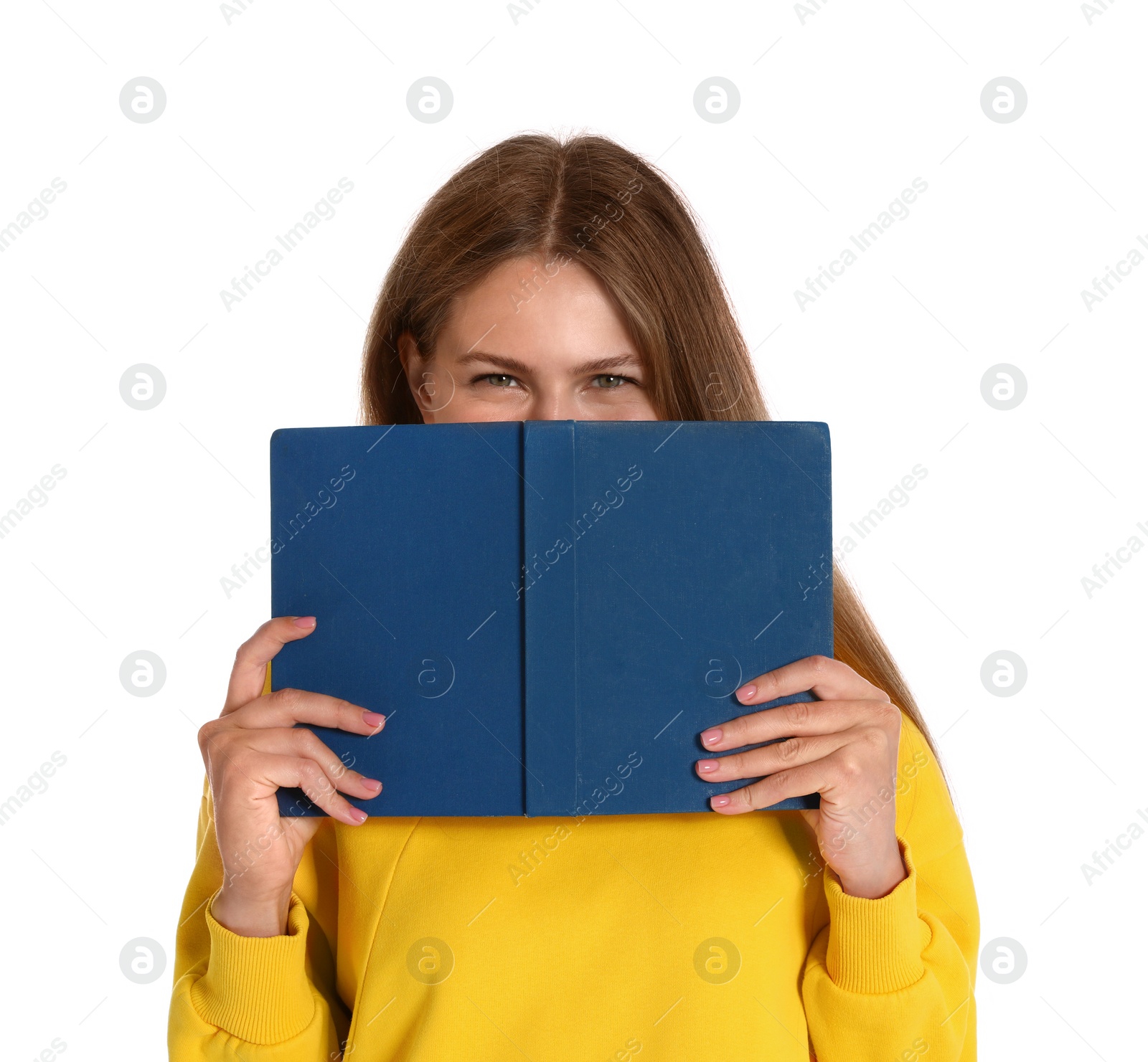 Photo of Beautiful young woman with book on white background. Reading time