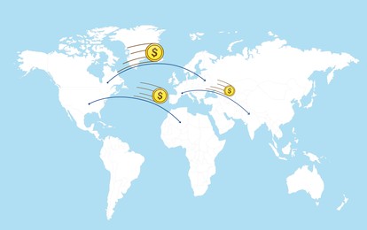 Image of Coins with arrows flying fast from one continent to other on world map symbolizing speed of money transaction. Illustration on light blue background