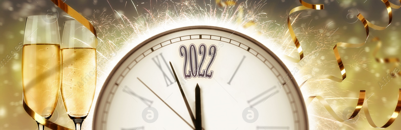 Image of Glasses of sparkling wine, clock, shiny streamers and firework on color background, banner design. Countdown to New Year 2022