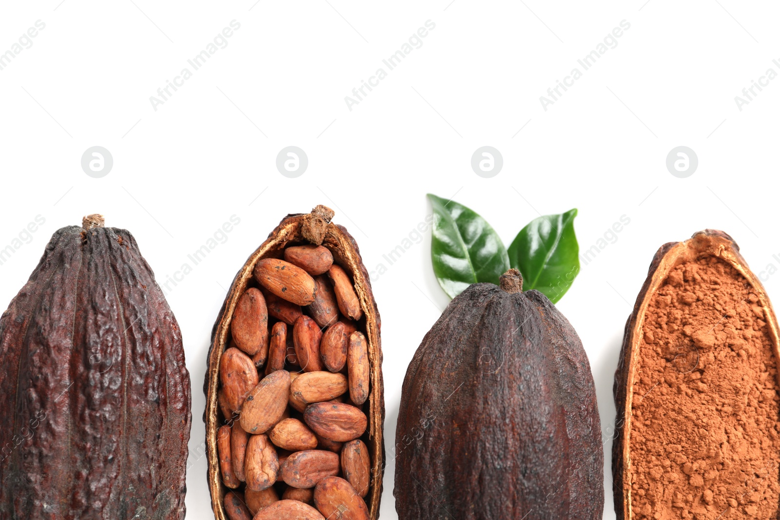 Photo of Composition with cocoa products on white background, top view