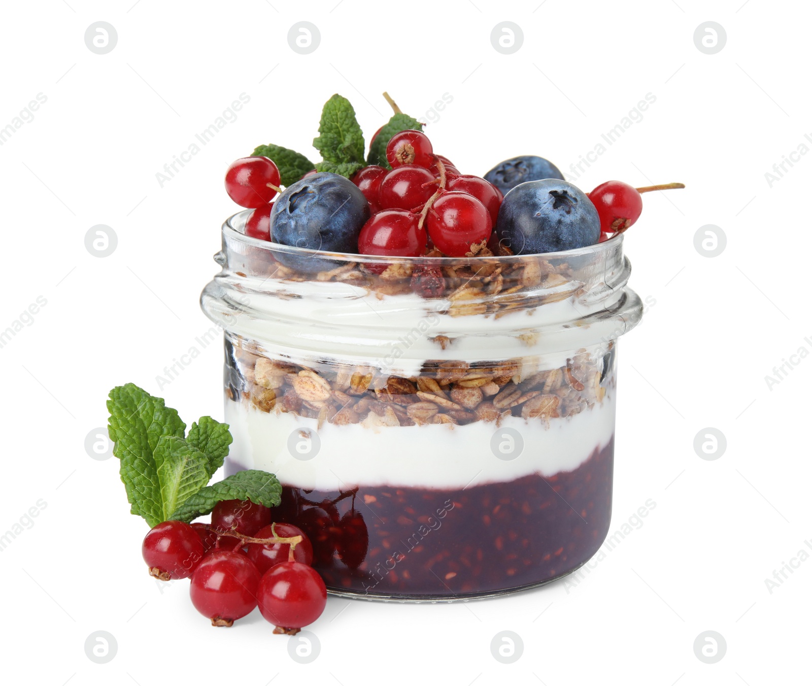 Photo of Delicious yogurt parfait with fresh berries and mint on white background