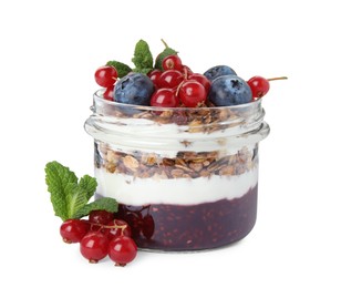 Delicious yogurt parfait with fresh berries and mint on white background