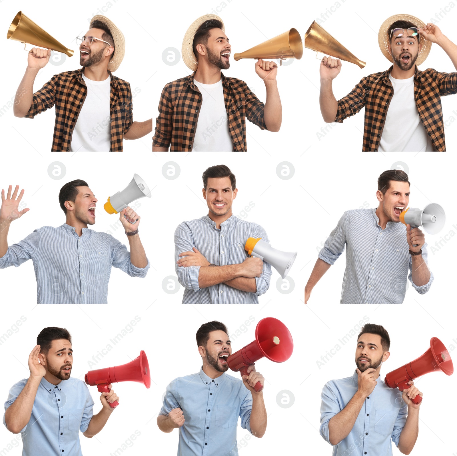 Image of Collage of men with megaphones on white background