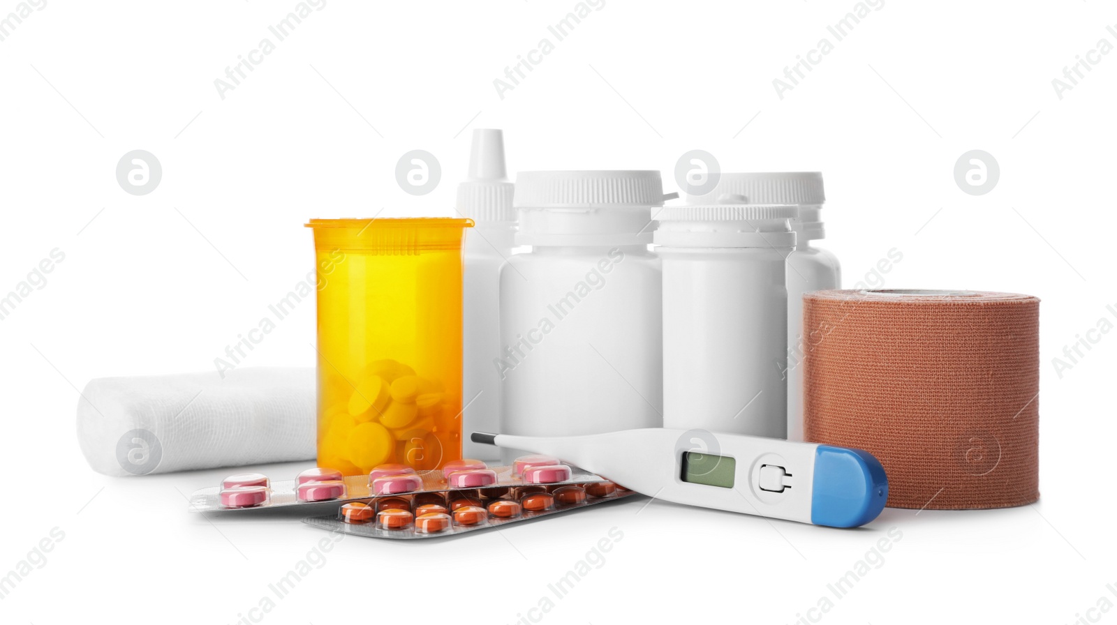 Photo of Medical items for first aid kit on white background