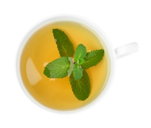 Cup of aromatic green tea with fresh mint on white background, top view