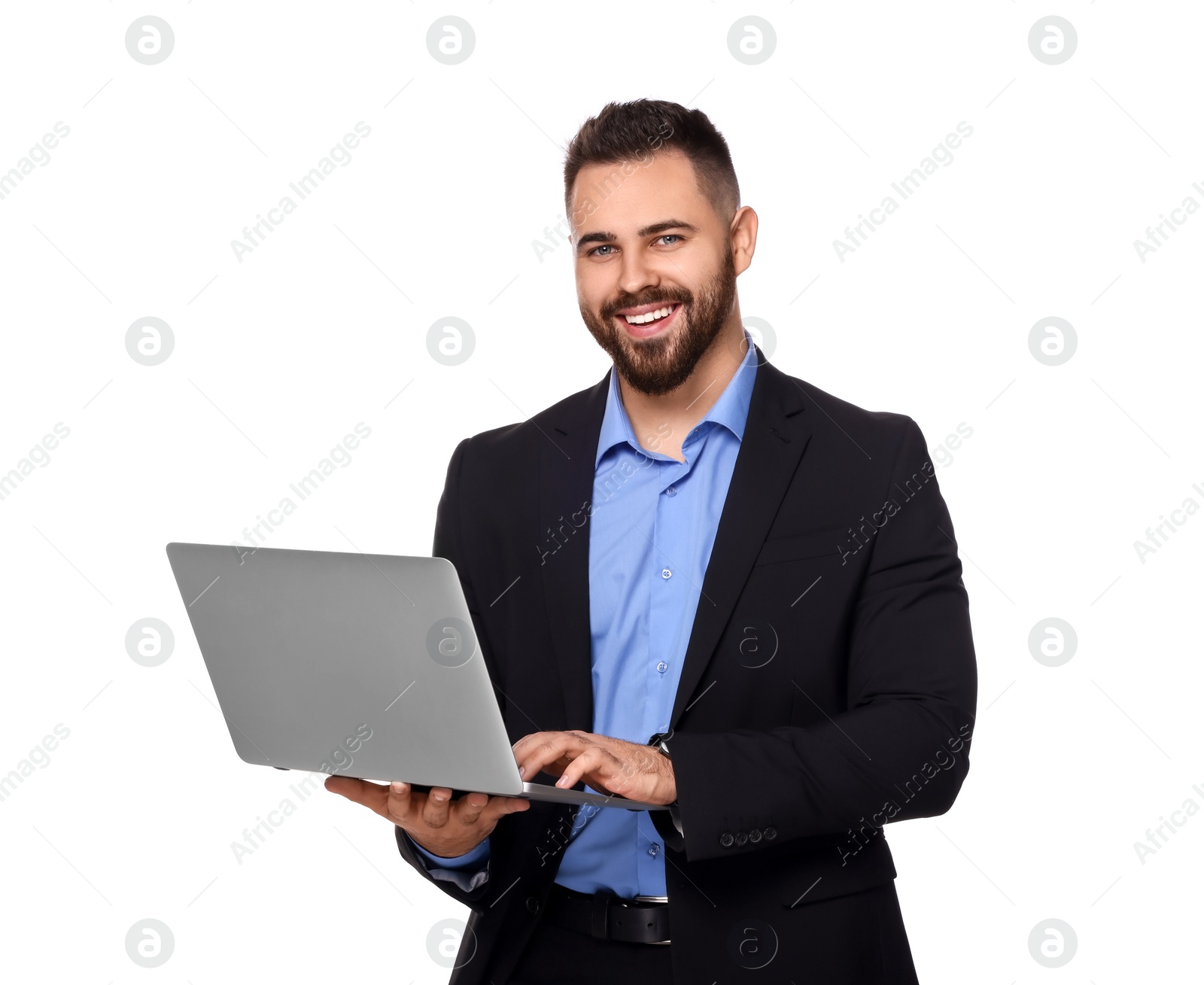 Photo of Portrait of smiling man with laptop on white background. Lawyer, businessman, accountant or manager