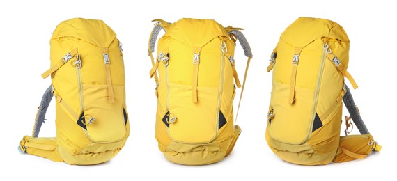 Image of Yellow backpacks on white background, banner design. Camping tourism