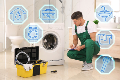 Image of Sanitary engineering service. Professional plumber repairing washing machine in bathroom