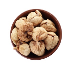 Bowl with figs on white background, top view. Dried fruit as healthy food